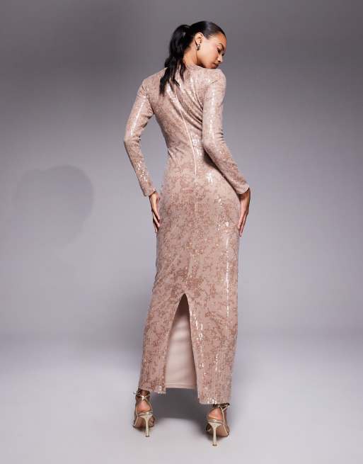 Jaded Rose - Robe longue ornée de sequins effet métallisé avec manches longues - Doré pâle, 4 de 4