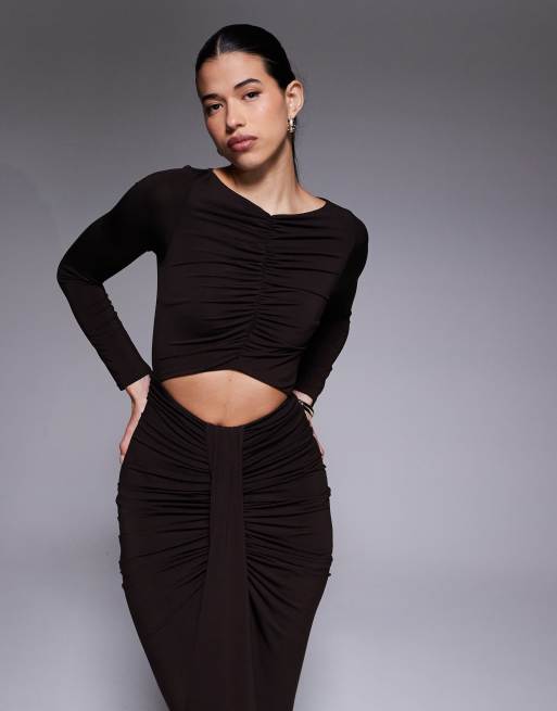 Jaded Rose - Robe longue près du corps en jersey à découpe et fronces - Chocolat, 2 de 4