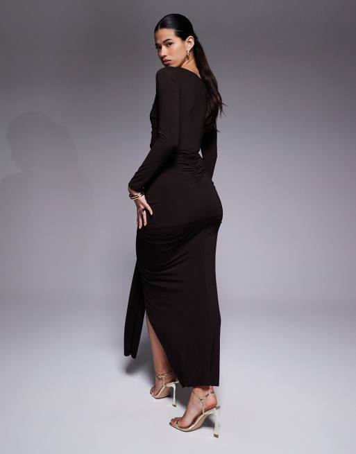 Jaded Rose - Robe longue près du corps en jersey à découpe et fronces - Chocolat, 4 de 4