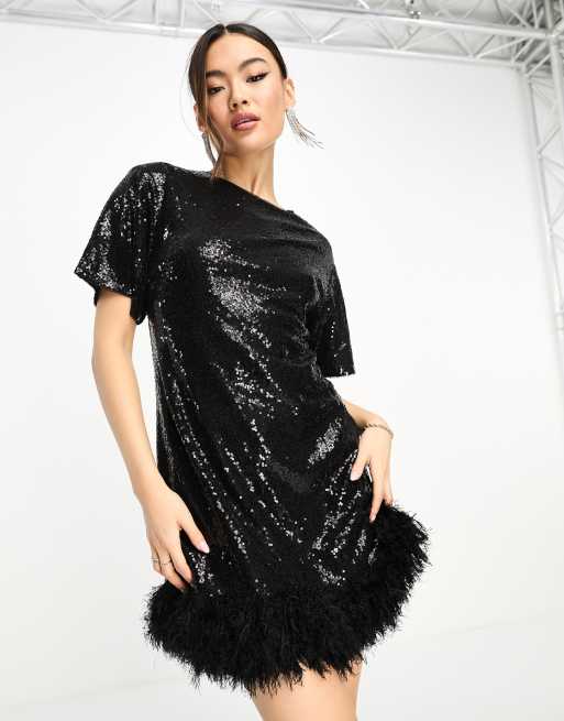 Jaded Rose - Robe t-shirt courte à sequins avec ourlet à plumes synthétiques - Noir