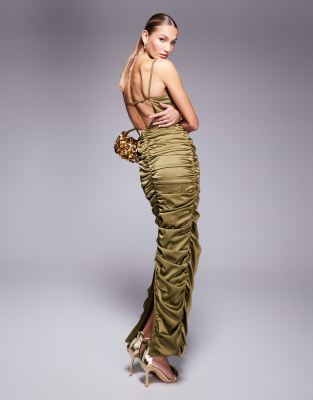 Jaded Rose Ruched Backless Maxi Dress In Olive-green | ModeSens