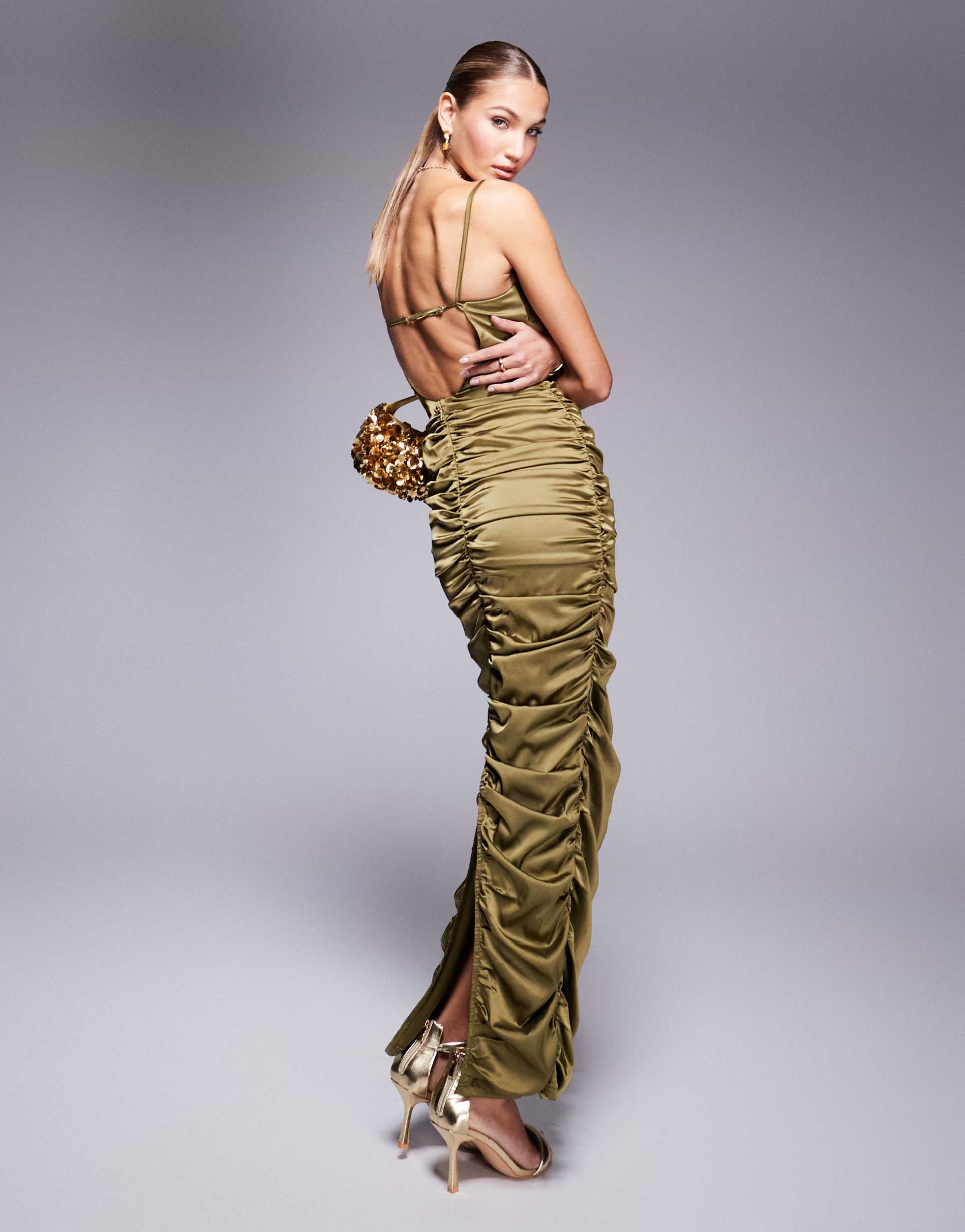 jaded rose ruched backless maxi dress in olive