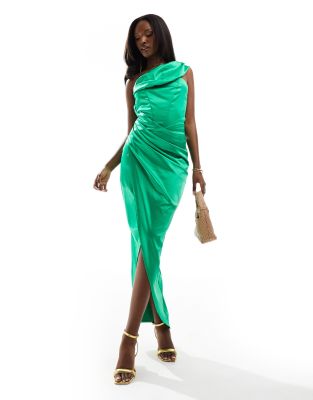 Jaded Rose ruched satin one shoulder maxi dress in green