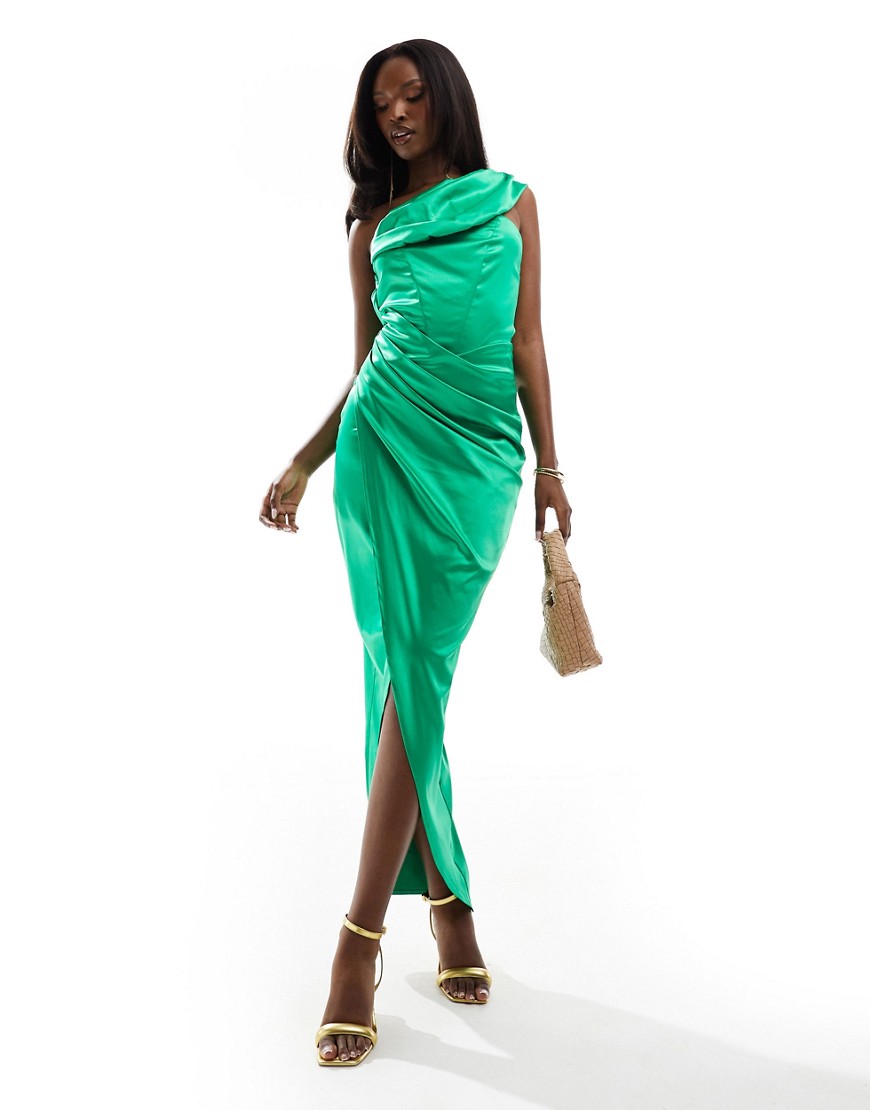 Jaded Rose ruched satin one shoulder maxi dress in green