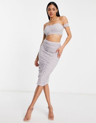 Jaded Rose ruched slinky maxi skirt in soft grey co-ord