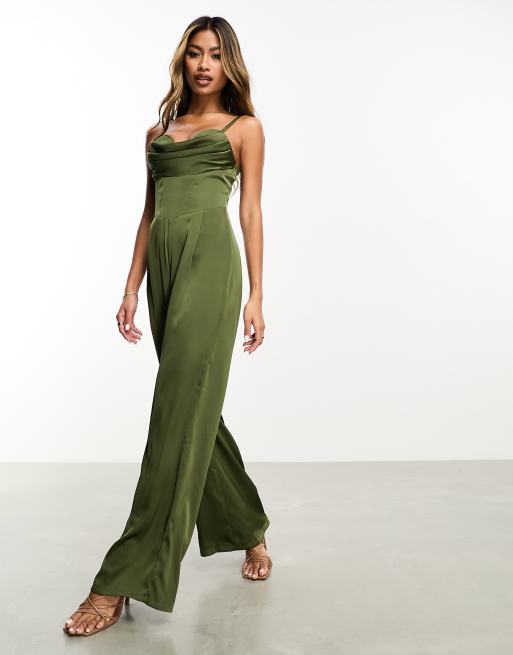 Jaded Rose - Satijnen korset-jumpsuit in olijfgroen