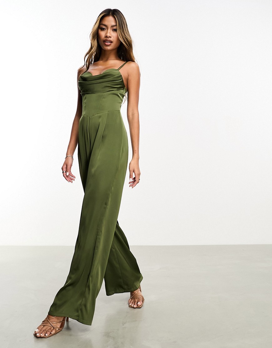 Jaded Rose Satin Corset Jumpsuit In Olive-green