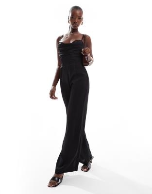 Jaded Rose - Satin-Jumpsuit in Schwarz mit Korsettdetail