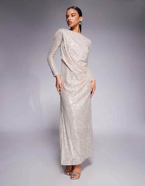 Jaded Rose sequin modest maxi dress with ruched detail in silver - view 1