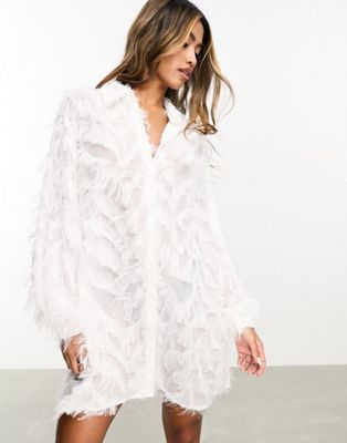 sheer faux feather mini dress in ivory-White