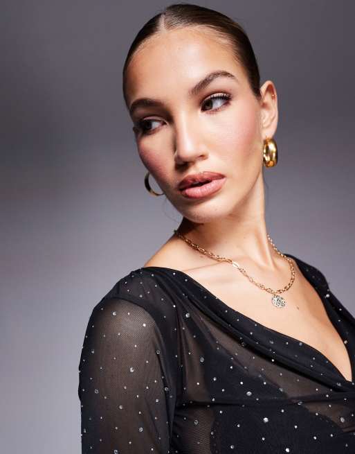 トップス HILLDA Cross Hotfix Long Sleeve Black Never Fully Dressed Curve hotfix embellished long sleeve