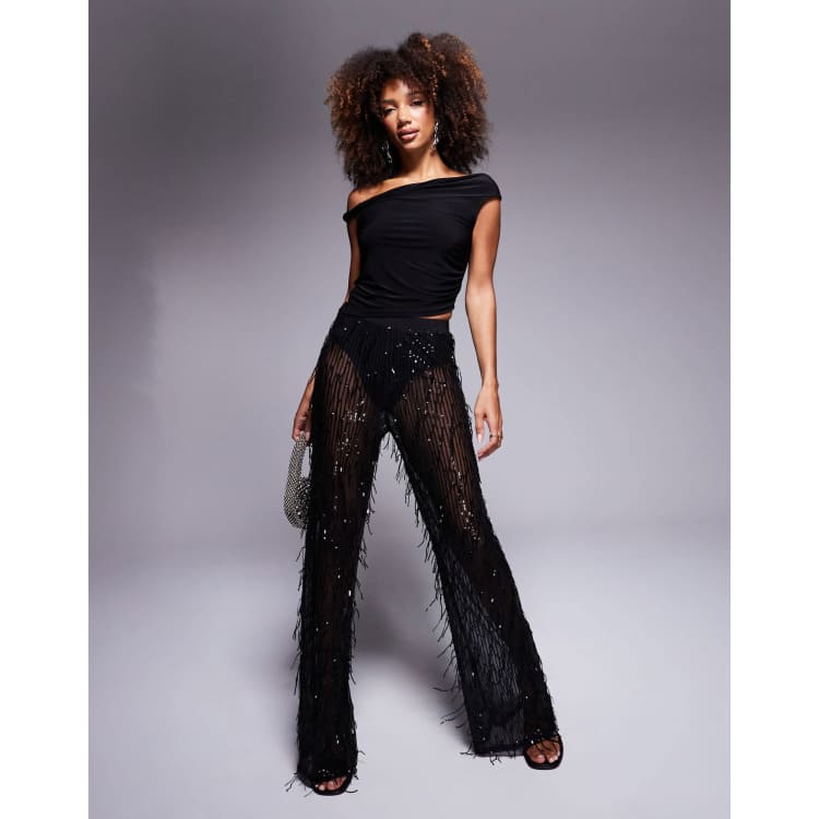 Jaded Rose sheer sequin fringe pants in black | ASOS