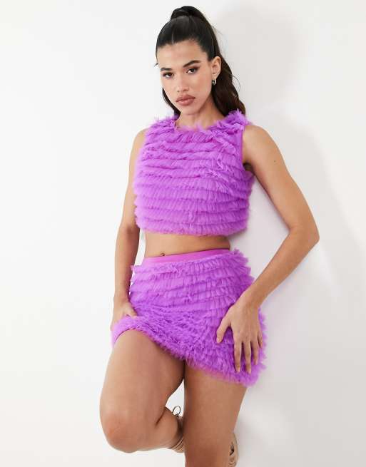 Jaded Rose sleeveless crop top in purple ruffle mesh - part of a set