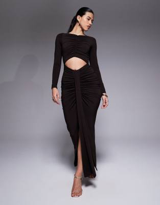 Jaded Rose Slinky Jersey Maxi Dress With Cut Out And Ruched Details In Brown
