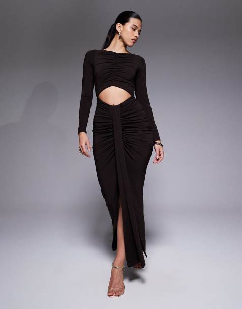 Jaded Rose slinky jersey maxi dress with cut out and ruched details in chocolate - view 1