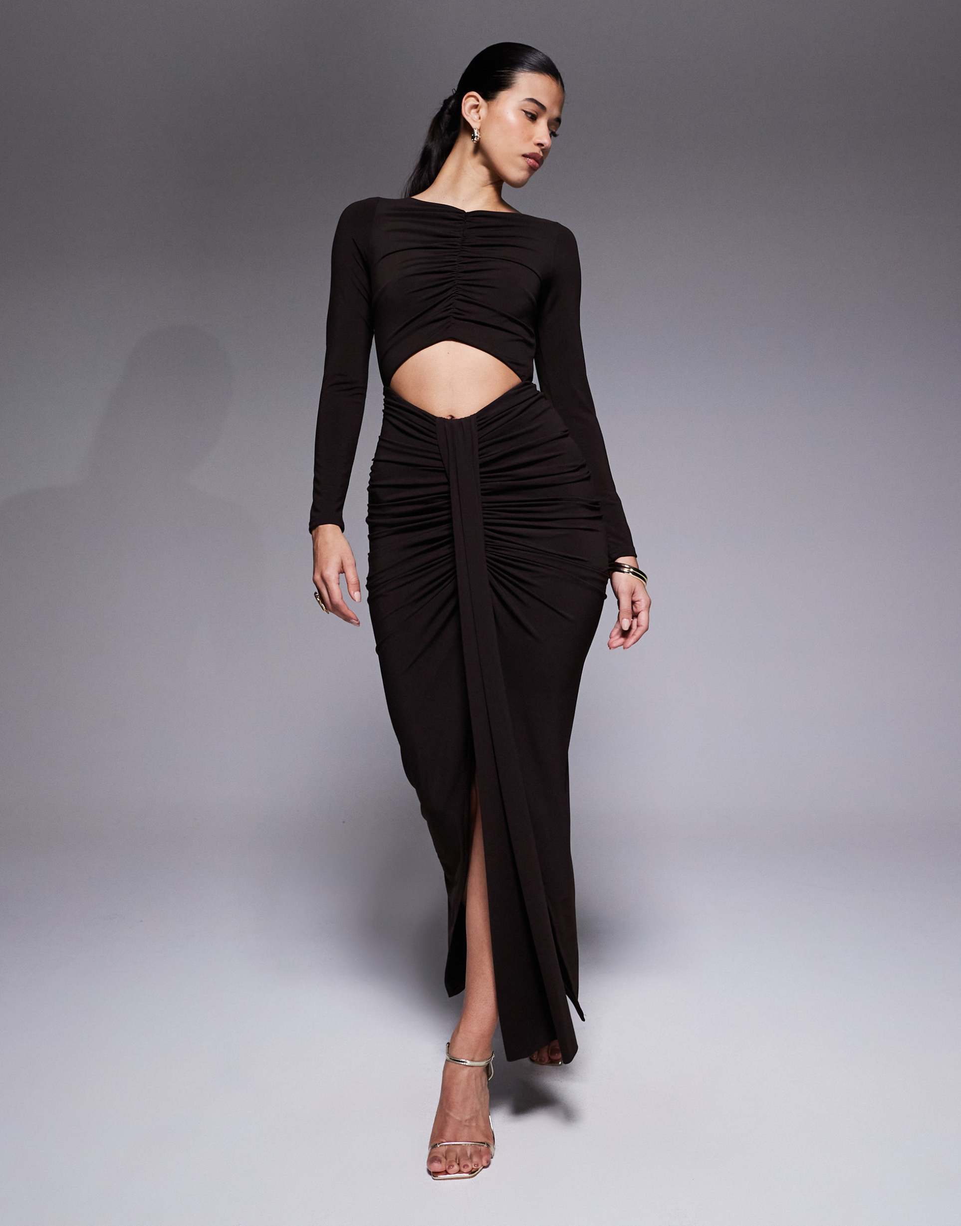 jaded rose slinky jersey maxi dress with cut out and ruched details in chocolate