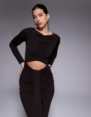 Jaded Rose Slinky Jersey Maxi Dress With Cut Out And Ruched Details In Brown