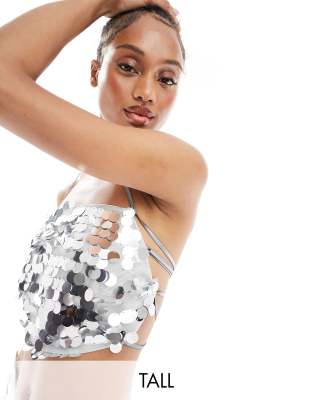 Jaded Rose Tall backless disc sequin crop top co-ord in silver