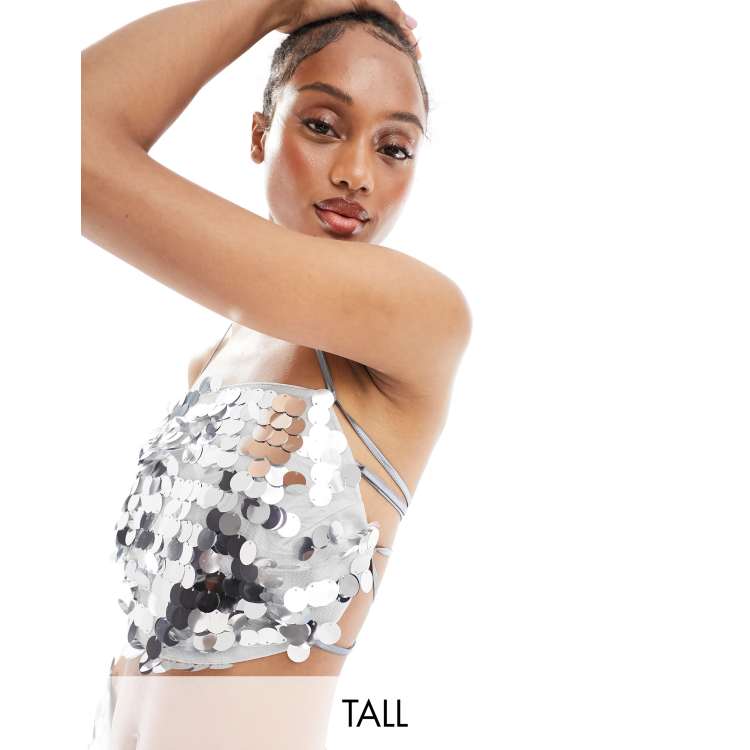 Jaded Rose Tall backless disc sequin crop top co-ord in silver