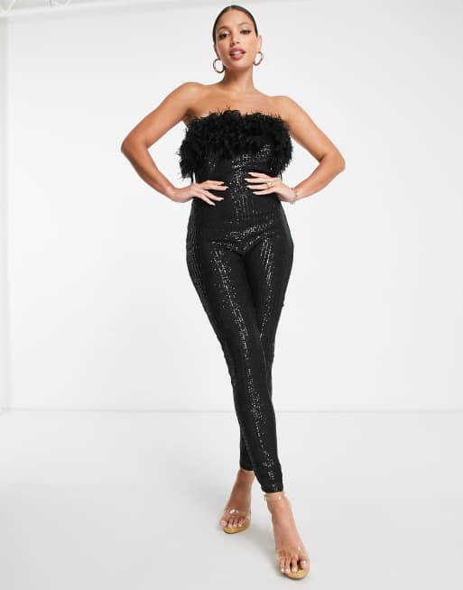 Jaded Rose Tall bandeau sequin jumpsuit with faux feather trim