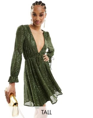 Jaded Rose Tall Embellished Babydoll Mini Dress In Olive-green