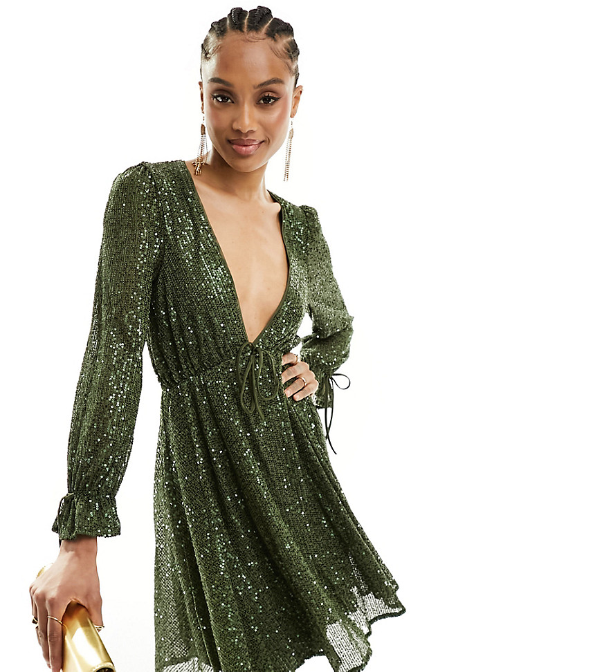 embellished babydoll mini dress in olive-Green