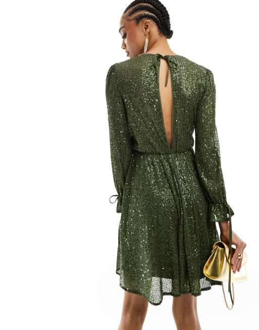 green sequin babydoll dress Kima Sequin Babydoll Mini Dress in Olive Green