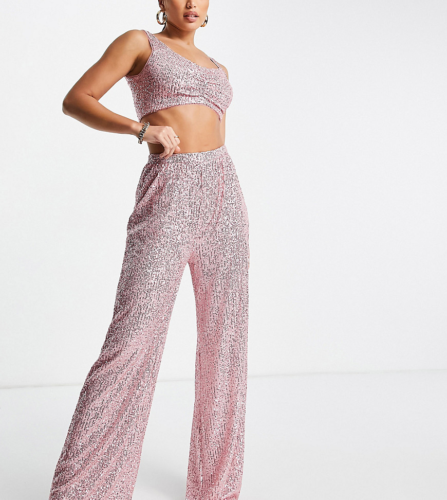 Exclusive sequin wide leg pants in rose gold - part of a set