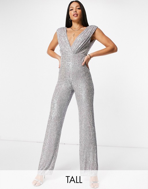 Jaded Rose Tall exclusive sequin wide leg plunge jumpsuit in iridescent silver