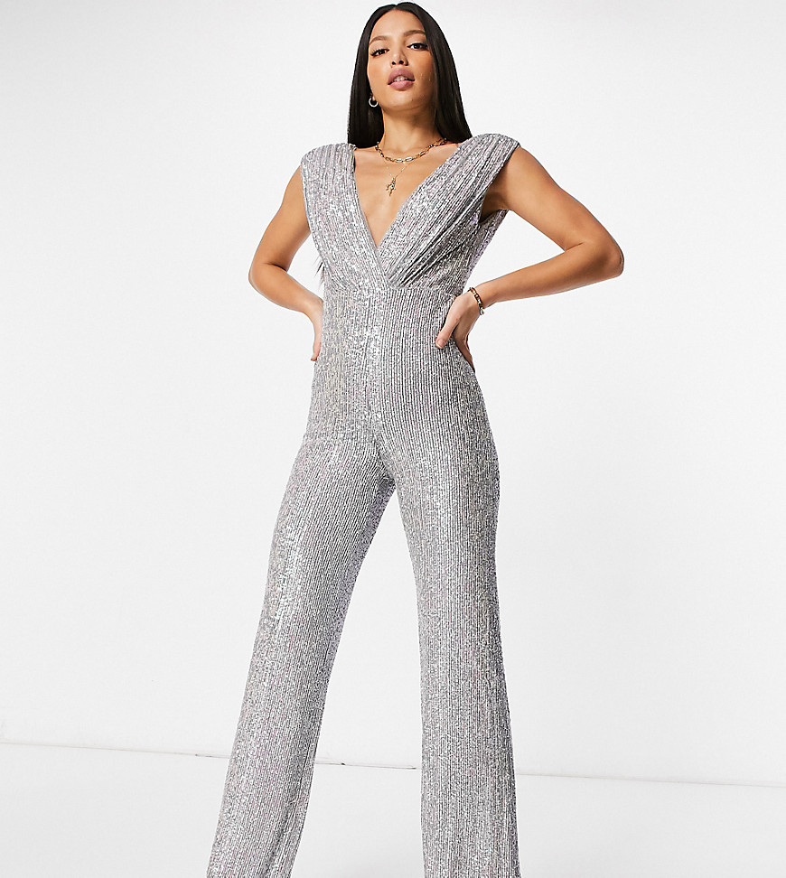 Jaded Rose Tall exclusive sequin wide leg plunge jumpsuit in iridescent silver