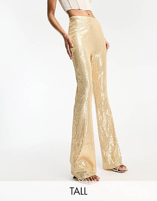 Jaded Rose Tall flared sequin flared trouser in gold | ASOS