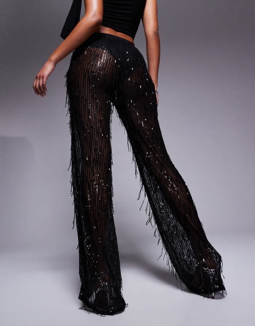 Jaded Rose Tall fringed sequin pants in black, 4 of 5