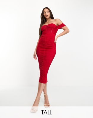 Jaded Rose Tall - Gerafftes, Midaxikleid in Rot mit Korsett-Taille und durchscheinendem Einsatz