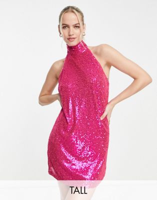 Jaded Rose Tall halterneck mini dress in hot pink sequin