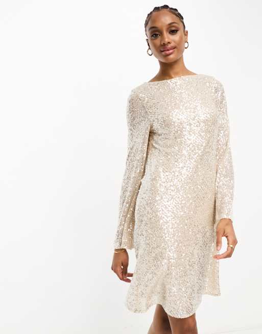 Jaded Rose Tall long sleeve sequin cowl back mini dress in silver ASOS