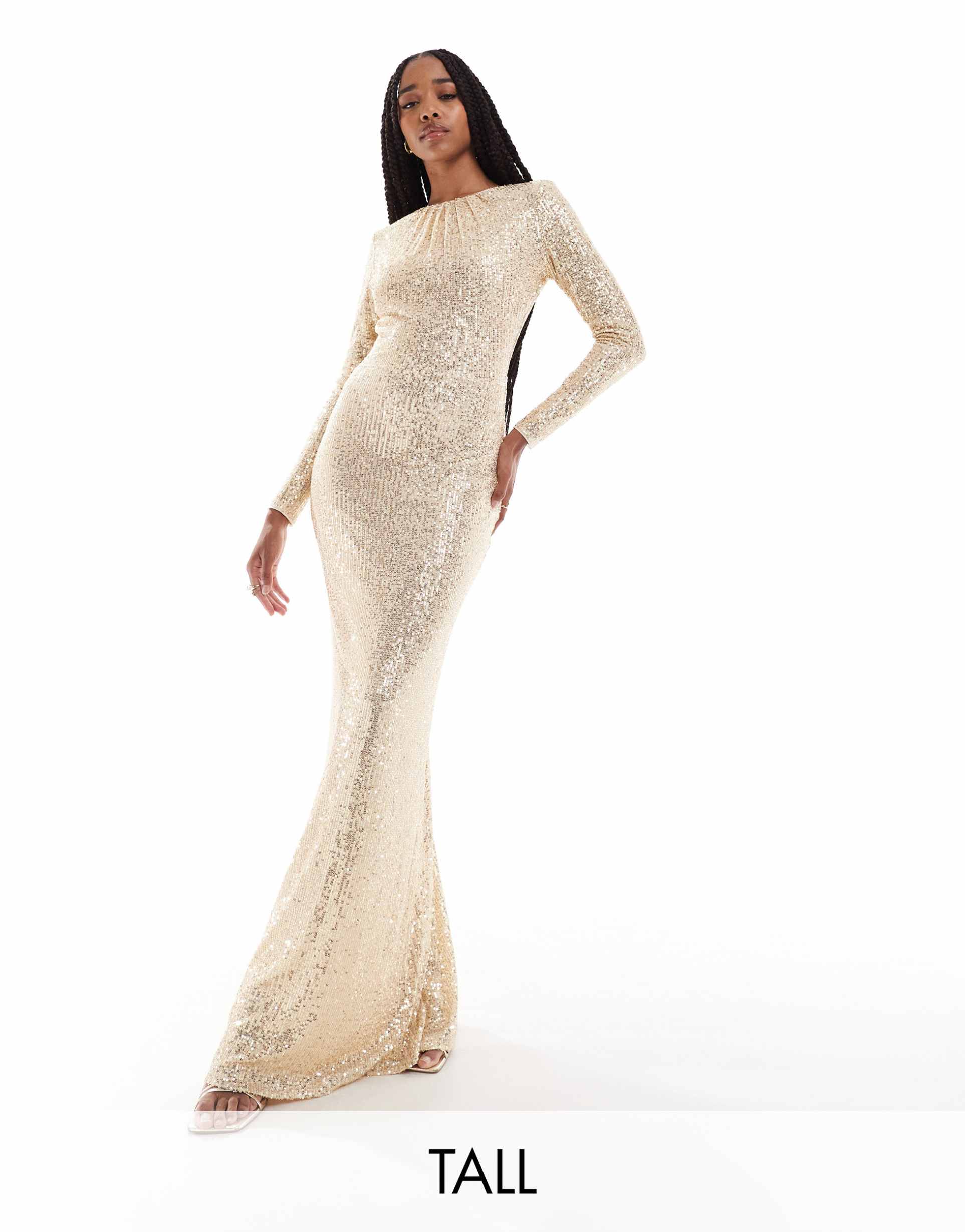 jaded rose tall long sleeve sequin maxi dress in gold