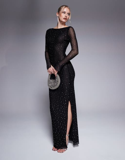 Jaded Rose Tall – Maxikleid in Schwarz mit Hotfix-Verzierung