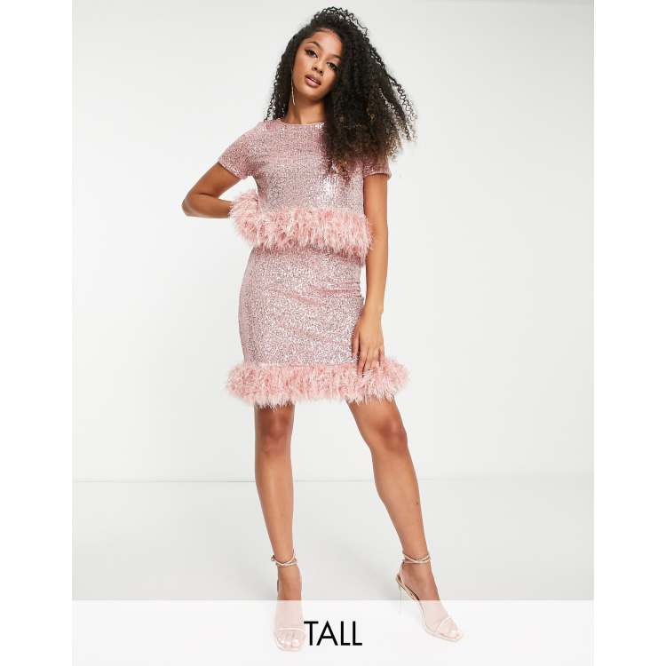 Jaded Rose Tall mini skirt with faux feather trim in pink sequin co-ord