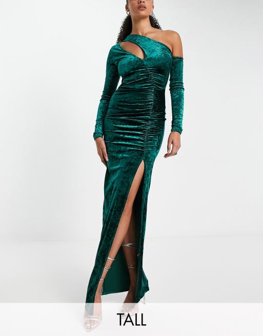 Jaded Rose Tall - Oneshoulder maxikjole i smaragdgrøn velour