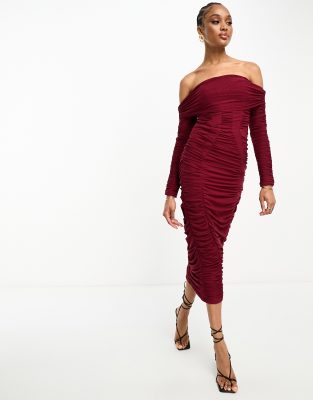 Jaded Rose Tall paneled corset ruched midi dress in burgundy | ASOS