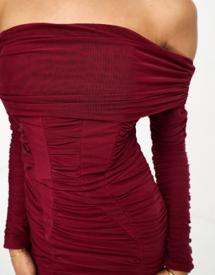 Jaded Rose Tall panelled corset ruched midi dress in burgundy