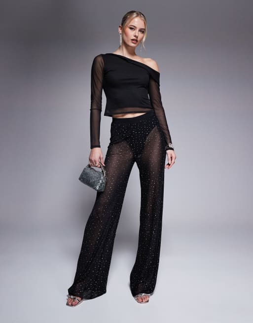 Jaded Rose Tall - Pantaloni neri con dettagli applicati a caldo in coordinato