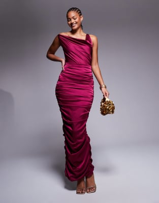 ruched backless maxi dress in burgundy-Red