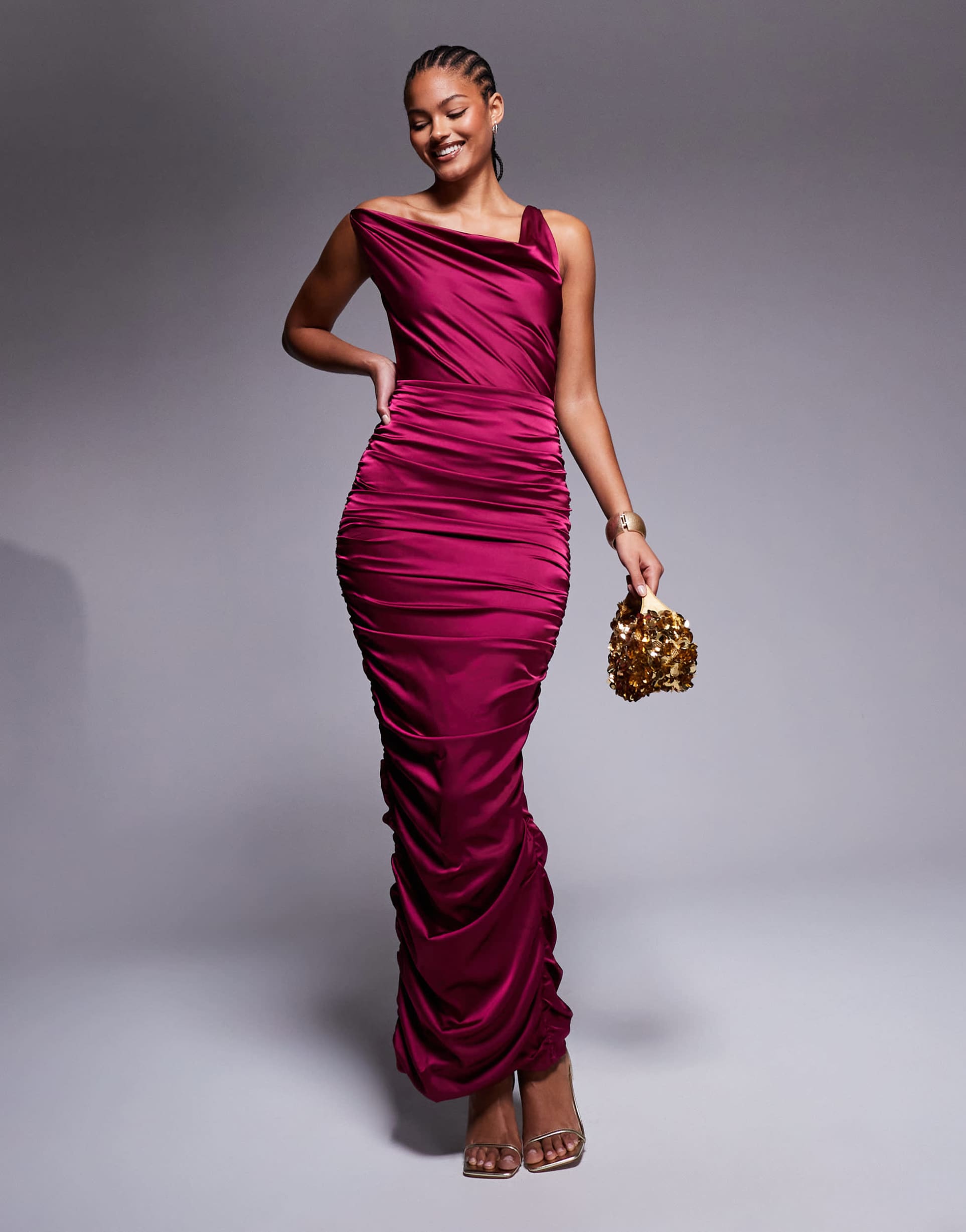 jaded rose tall ruched backless maxi dress in burgundy