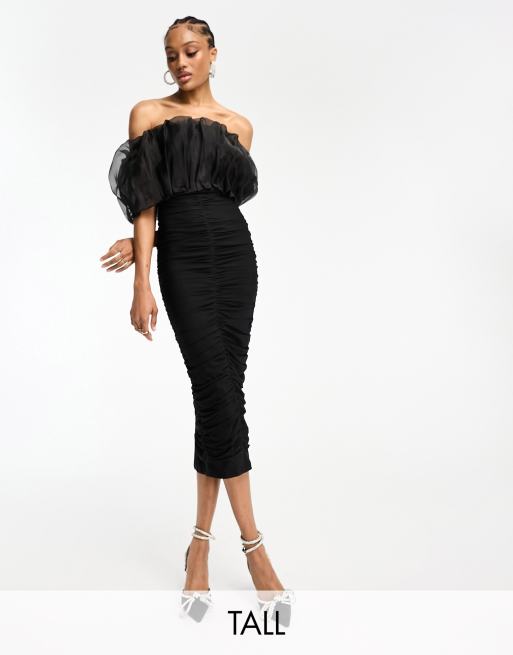 Jaded Rose Tall ruched organza midi dress in black | ASOS