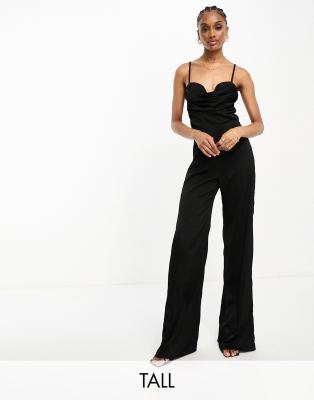 satin corset jumpsuit in black