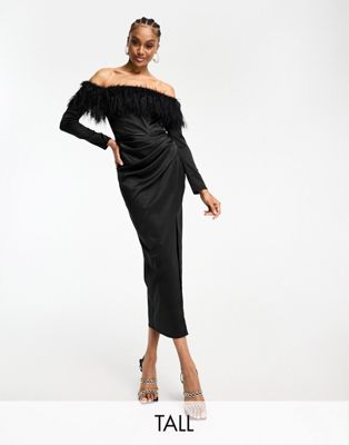 Jaded Rose Tall Velvet Faux Feather Midaxi Dress In Black