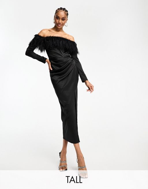 Jaded Rose Tall velvet faux feather midaxi dress in black | ASOS