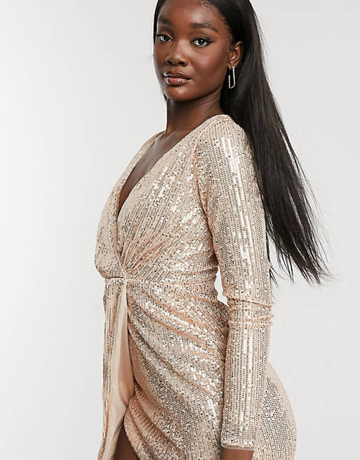 Women Jaded Rose Tall wrap drape sequin mini dress with open back in rose gold 