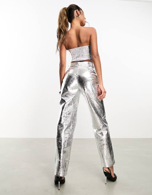 Jaded Rose textured metallic tailored pants in silver (part of a set), 3 of 4